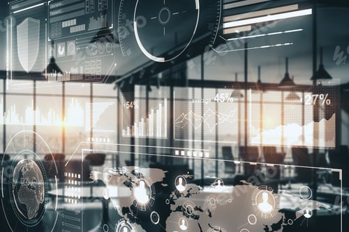 Preview: Digital Business Interface In Blurry Office Interior. Future And Science Concept. Double Exposure