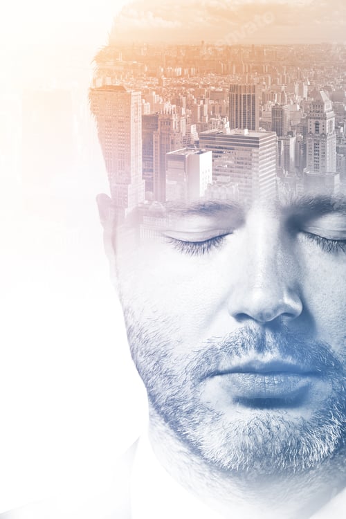 Preview: Portrait Of Handsome Caucasian Male On City Background. Double Exposure. Future Concept
