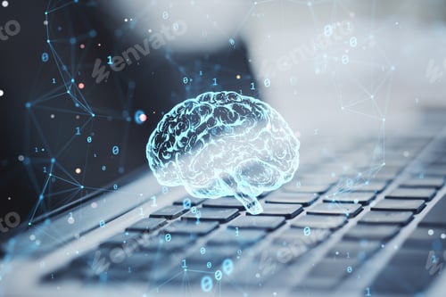 Preview: Close Up Of Laptop With Creative Polygonal Brain Hologram On Blurry Background. Neurology And