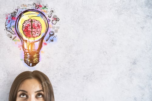 Preview: Woman Looking At The Brain Inside A Lightbulb Colorful Sketch On A White Background With Empty