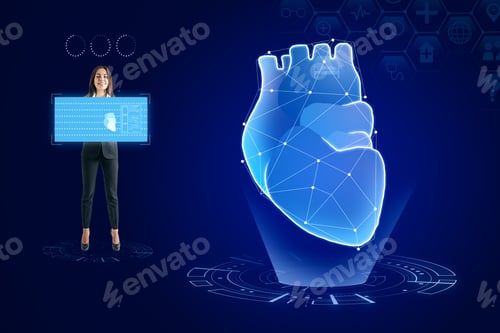 Preview: Creative Glowing Blue Digital Heart Futuristic Interface Hologram On Dark Texture. Medicine