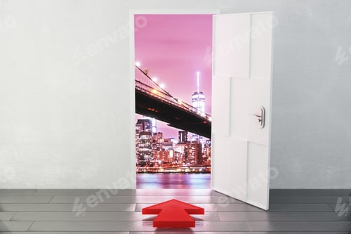 Preview: Open Door In A City With A Red Arrow Pointing In The Direction