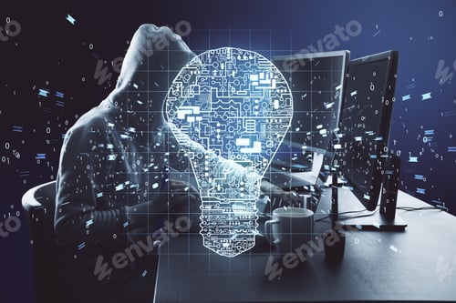 Preview: Hacker Using Computer In Office With Circuit Lamp. Engineering And Theft Concept