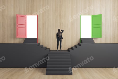 Preview: Attractive Businesswoman Standing On Abstract Black Staircase With Two Open Doors In Wooden
