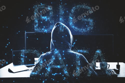 Preview: Hacker At Dark Desktop Using Computer With Abstract Big Data Hologram On Blurry Background