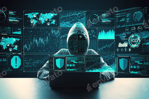 Preview: Hacker At Desktop Using Laptop With Digital Business Interface. Hacking And Malware Concept. Double