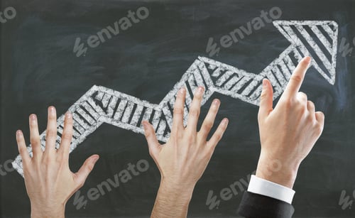 Preview: Hands Pointing At Abstract Drawn Arrow On Chalkboard Background. Success Concept