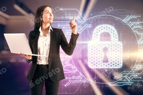 Preview: Attractive Young European Businesswoman With Laptop Glowing Padlock Hologram Standing In Blurry