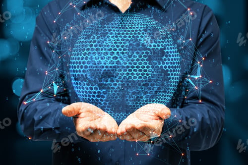 Preview: Close Up Of Businessman Hands Holding Abstract Globe Sphere With Coding And Polygonal Network