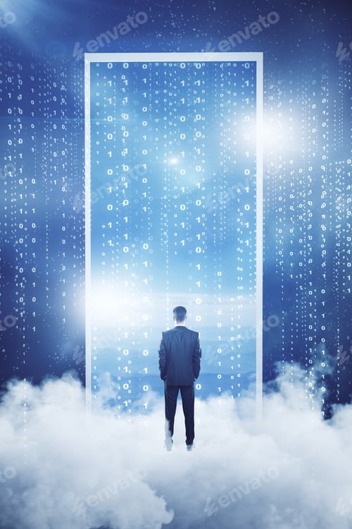 Preview: Back View Of Young Businessman Standing On Abstract Cloud Sky Background. Dream And Future Concept