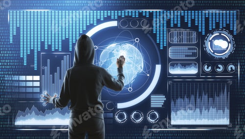 Preview: Back View Of Hacker With Digital Business Interface. Malware And Security Concept