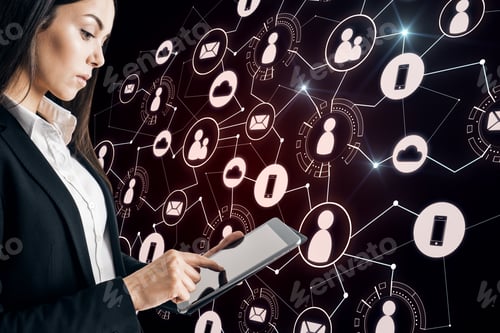 Preview: Attractive Young European Businesswoman Using Tablet With Creative Social Network Interface On