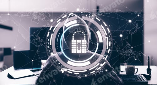 Preview: Hands At Desktop Using Laptop With Abstract Padlock Interface In Blurry Office Interior. Protection