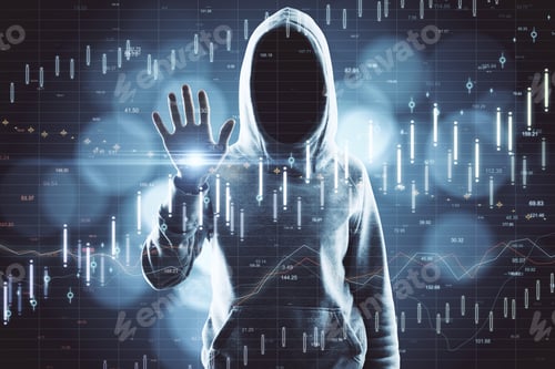 Preview: Hacker Using Abstract Glowing Forex Chart. Trade And Hacking Concept. Multiexposure