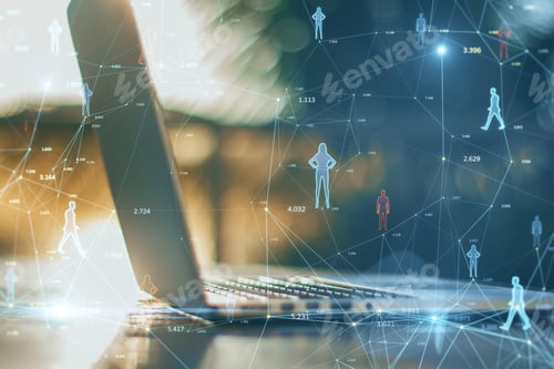 Preview: Close Up Of Notebook On Desktop With Creative Glowing Connected People Icons On Blurry Background