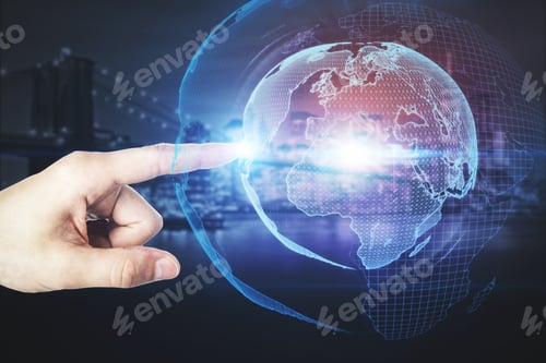 Preview: Hand Pointing At Abstract Digital Globe On Night City Background. Broadcasting And Future Concept