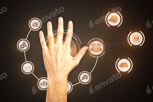 Preview: Male Hand On Dark Background With Creative Business Interface Diagram. Innovation Concept