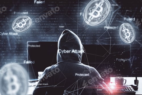 Preview: Hacker Working On Laptop With Abstract Bitcoin Icon On Dark Background. Cryptocurrency And Payment