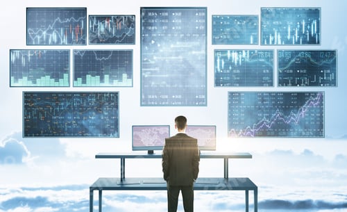 Preview: Businessman Looking At Abstract Financial Interface On Bright Sky With Clouds Background. Finance