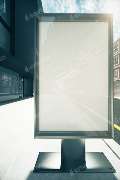 Preview: Blank Rectangular Billboard On Sunny City Street, Mock Up 3D Render