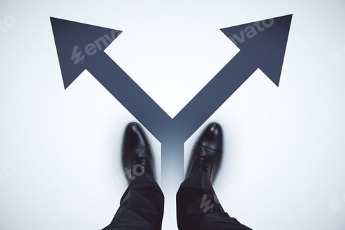 Preview: Top View Of Businessman Feet With Arrows On Grey Background. Different Direction And Choice Concept
