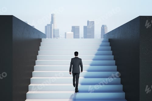 Preview: Businessman In Suit Climbing On Ladder To Success On City View Background. Leadership And Success