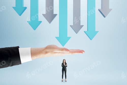 Preview: Abstract Image Of Hand Protecting Businesswoman From Falling Arrows On Light Background