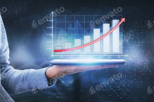 Preview: Close Up Of Hand Holding Gadget With Business Chart Hologram On Blurry Background. Finance And