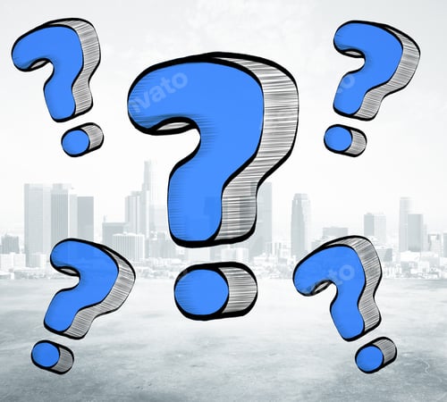 Preview: Drawn Blue Question Marks On City Background. Ask Concept