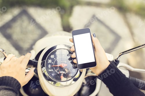Preview: Hipster Girl With A Blank Phone And A Motorbike