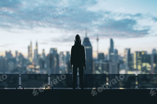 Preview: Back View Of Person In Hoodie Standing On Roof Top. Blurry New York City Background. Leadership And