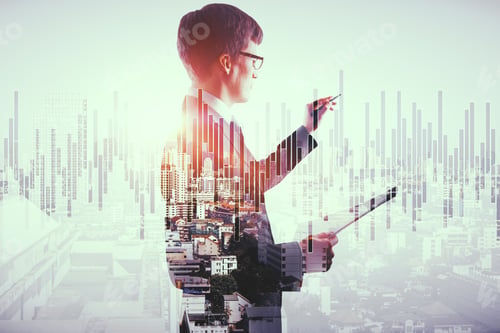 Preview: Handsome European Busnessman Holding Document And Drawing Forex Chart On Abstract City Background
