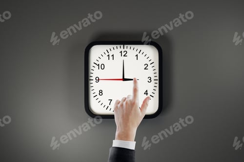 Preview: Businessman Hand Pointing At Clock Dial On Grey Wall Background. Time Management And Deadline