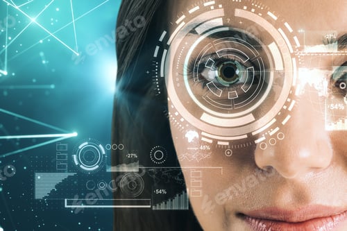 Preview: Portrait Of Young Businesswoman Face With Digital Business Interface. Face Recognition And