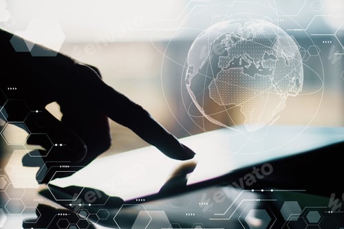 Preview: Side View Of Backlit Female Hands Using Tablet With Glowing Globe Hologram. Innovation And