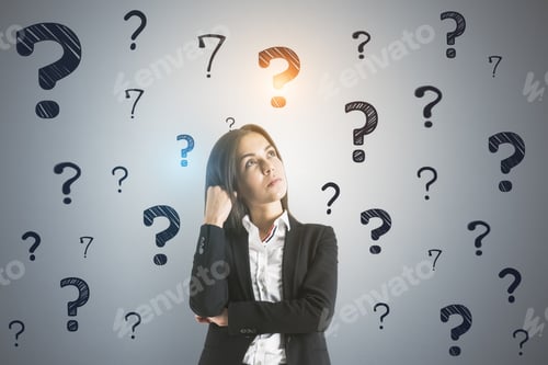 Preview: Searching For An Answer Concept With Pensive Young Businesswoman On Light Wall Background With