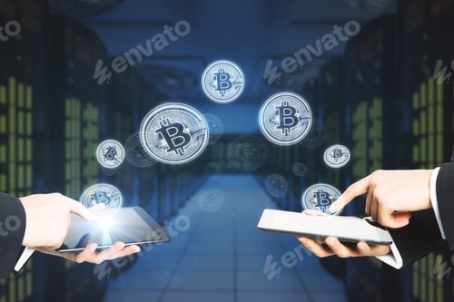 Preview: Bitcoins Transferring From Devices On Blurry Server Background. Cryptocurrency And Banking Concept