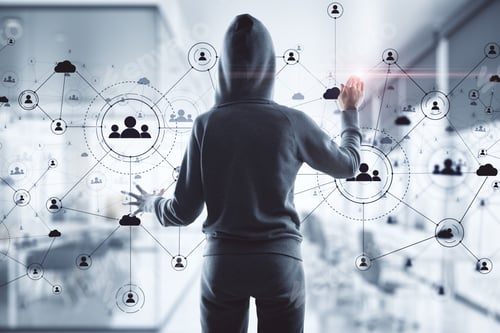 Preview: Hacker Pushing Glowing Human Resource Interface On Virtual Screen. Hacking And Cyber Attack Concept.