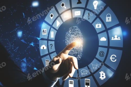 Preview: Hand Using Finger Print Interface On Virtual Screen. Access, Password And Protection Concept.