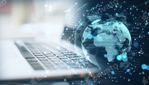 Preview: Close Up Of Laptop With Glowing Money Transfer Globe On Blurry Background. Currency And Stock