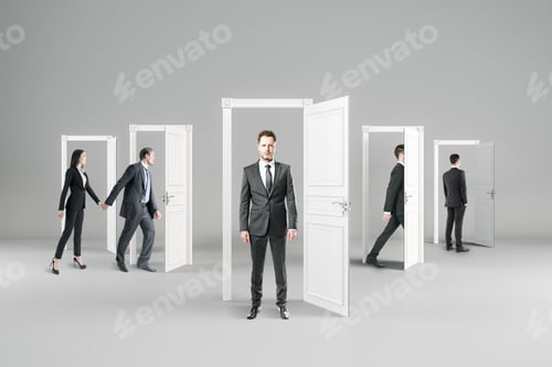 Preview: Opportunity, Teamwork And Future Concept. Businesspeople In Abstract Interior With Doors.