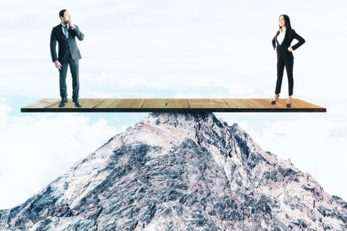 Preview: Two Businesspeople Standing On Wooden Board On Mountain Top. Leadership And Challenge Concept
