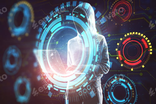 Preview: Hacker Using Laptop With Digital Business Interface. Hacking, Future And Attack Concept. Double