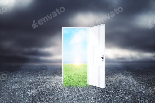 Preview: Creative Opportunity Door On Abstract Outdoor Sky Landscape Background. Success And Imagination
