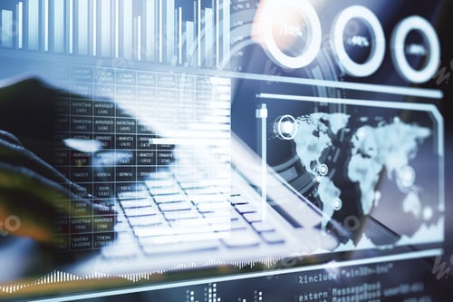 Preview: Holo Trading Charts, Hands On The Laptop In The Background, Business Concept, Double Exposure