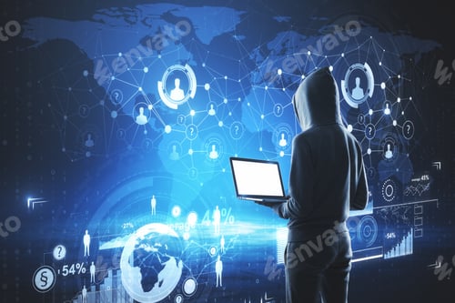 Preview: Side View Of Hacker Using Laptop With Glowing Business Interface. Social Network And Malware Concept