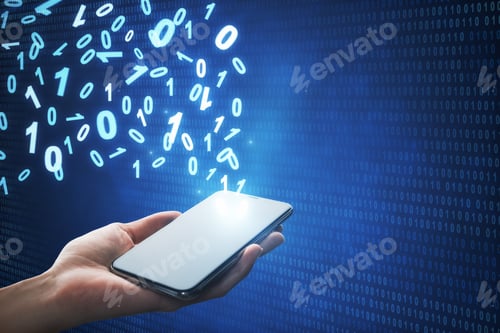 Preview: Side View Of Woman Hand Using Smartphone With Abstract Binary Code. Technology, Computing And