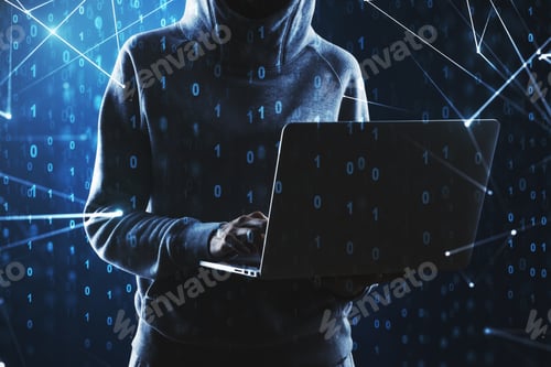 Preview: Young Hacker Using Laptop On Abstract Binary Code Background. Hacking And Criminal Concept. Double