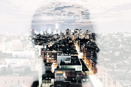 Preview: Man Head Silhouette On Bright City Background. Hard Work Concept. Double Exposure