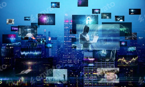 Preview: Bright Digital Picture Gallery On Blurry Night City Background. Social Media And Cloud Computing
